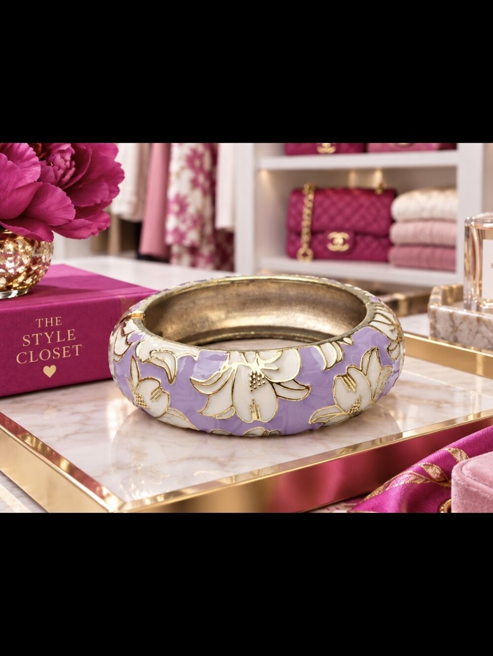 Lavender Floral Enamel Hinged Bangle Bracelet